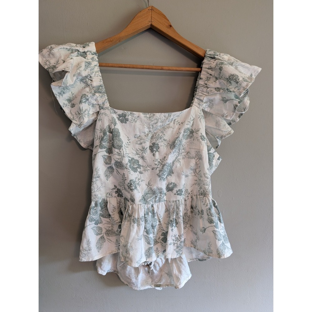Francesca's Linen Floral Toile Tie Back Peplum Top L Ruffle Feminine Cottagecore